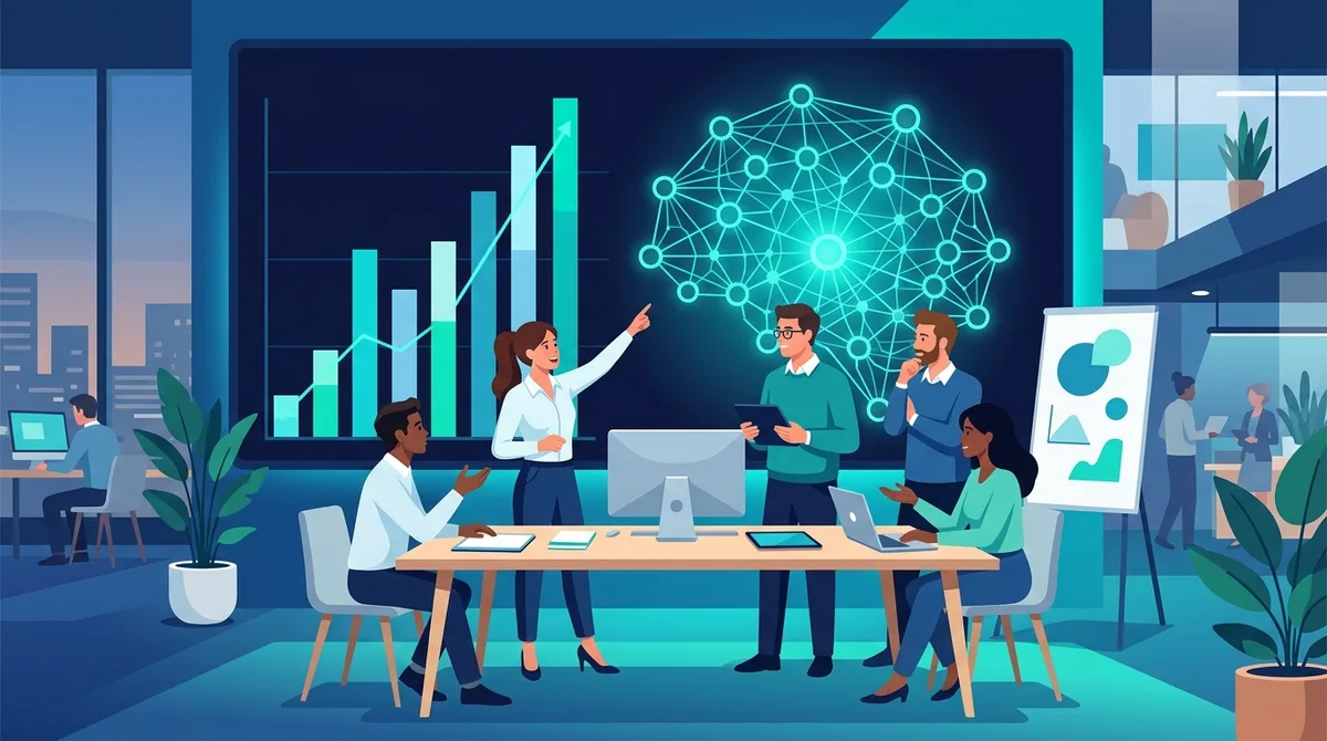 Ilustrasi tim pemasaran meninjau dashboard analitik dengan motif jaringan saraf