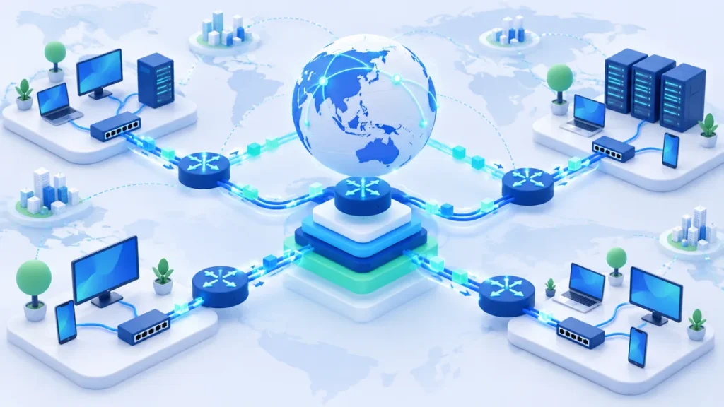 Ilustrasi 3D isometrik router-router yang meneruskan paket data antar jaringan lokal berisi komputer dan server, dengan bola dunia sebagai pusat jaringan global