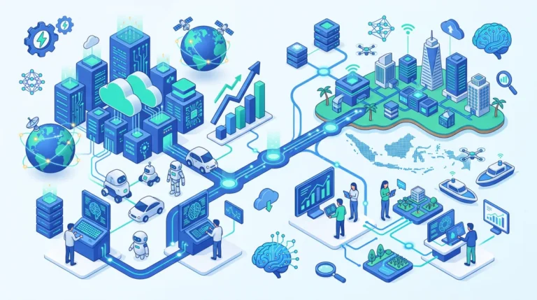 Ilustrasi pusat data dan kantor teknologi AI yang terhubung jalur data ke peta kepulauan Indonesia, dengan robot, grafik pertumbuhan, dan tim yang bekerja
