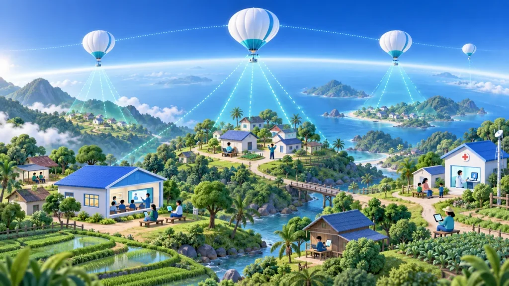Ilustrasi konsep balon internet di stratosfer yang memancarkan sinyal ke desa-desa terpencil di pegunungan dan pulau, dengan sekolah, puskesmas, dan petani yang terhubung
