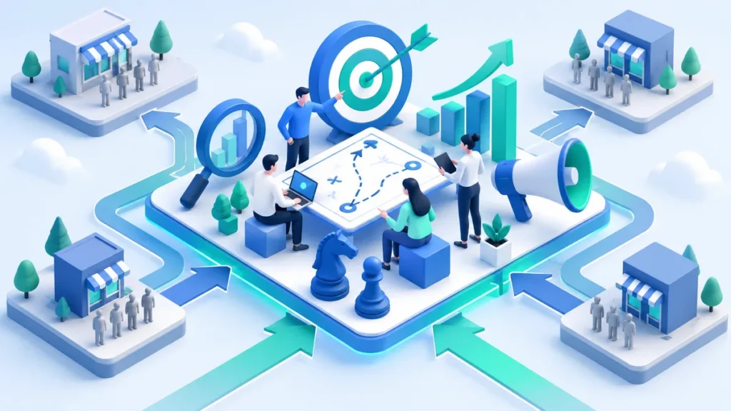 Ilustrasi isometrik tim menyusun strategi marketing di atas peta rencana dengan bidak catur, papan target, kaca pembesar, dan megafon, dikelilingi toko-toko pesaing
