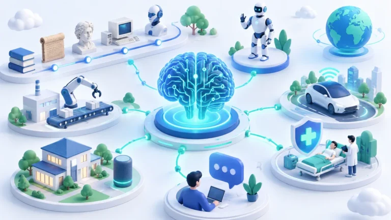 Ilustrasi 3D otak digital bercahaya sebagai inti AI, dengan garis waktu sejarah dari buku dan komputer lama hingga robot, serta penerapannya di rumah pintar, pabrik, mobil otonom, layanan kesehatan, dan chatbot
