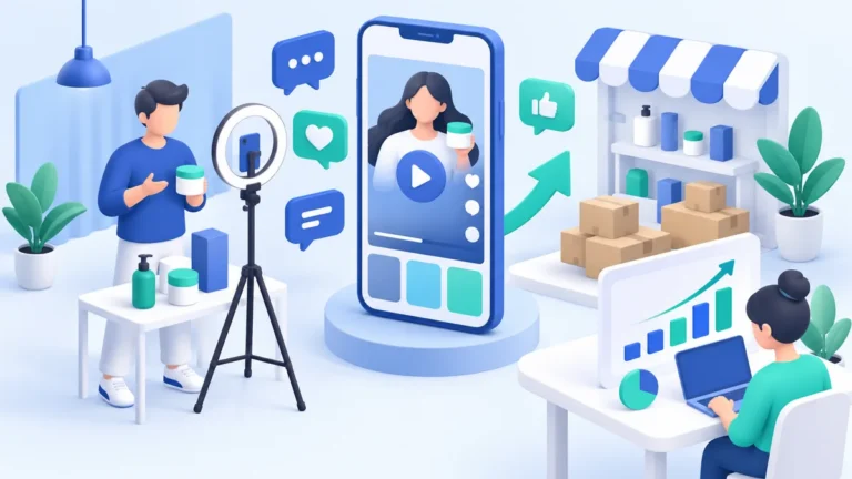 Ilustrasi 3D kreator merekam video promosi produk dengan ring light, video tampil di layar ponsel dengan reaksi suka, mendorong penjualan toko dan grafik naik