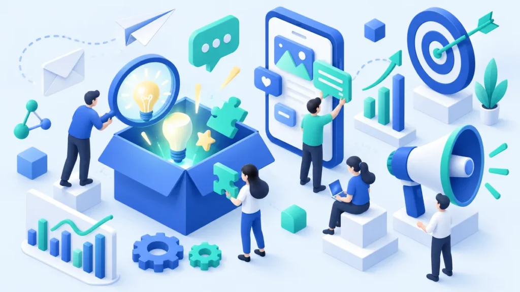 Ilustrasi 3D tim membuka kotak berisi ide-ide tersembunyi berupa bola lampu dan kepingan puzzle, dikelilingi ikon email, media sosial, target, megafon, dan grafik