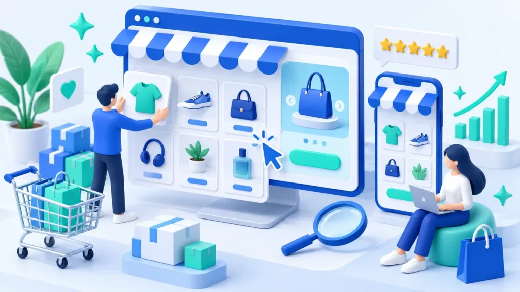Ilustrasi 3D toko online di layar monitor dan ponsel dengan katalog produk rapi, ulasan bintang, keranjang belanja, dan grafik penjualan naik