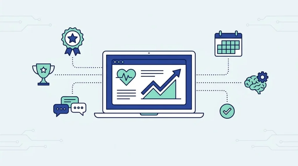 Ilustrasi datar laptop dengan dasbor tim berikon hati dan grafik naik, piala, lencana bintang, gelembung percakapan, kalender dan ikon otak.