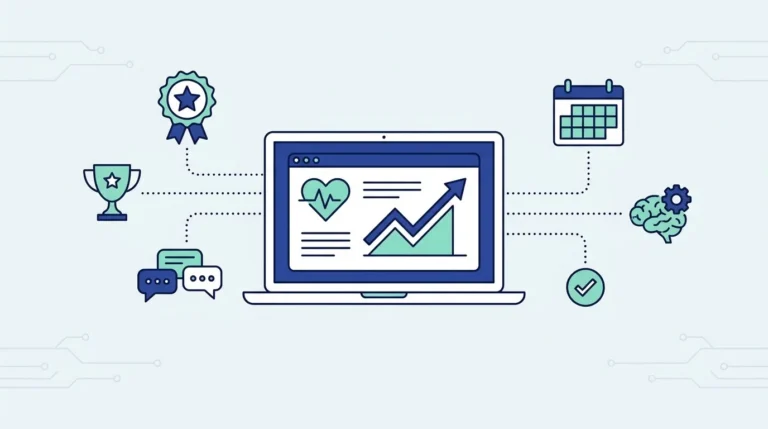 Ilustrasi datar laptop dengan dasbor tim berikon hati dan grafik naik, piala, lencana bintang, gelembung percakapan, kalender dan ikon otak.