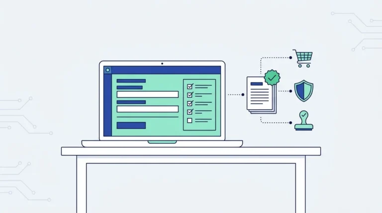 Flat illustration of a laptop showing a purchase request form and checklist, linked to an approved document, a shopping cart, a shield and an approval stamp.