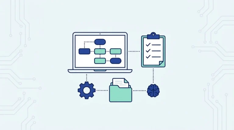 Ilustrasi datar laptop dengan diagram alur blok terhubung, clipboard checklist bertanda centang, roda gigi, folder dan ikon otak.