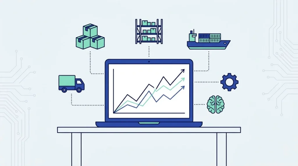 Flat illustration of a laptop showing a demand forecast chart, connected to icons for inventory boxes, warehouse shelving, a cargo ship, a delivery truck, a gear and a brain.