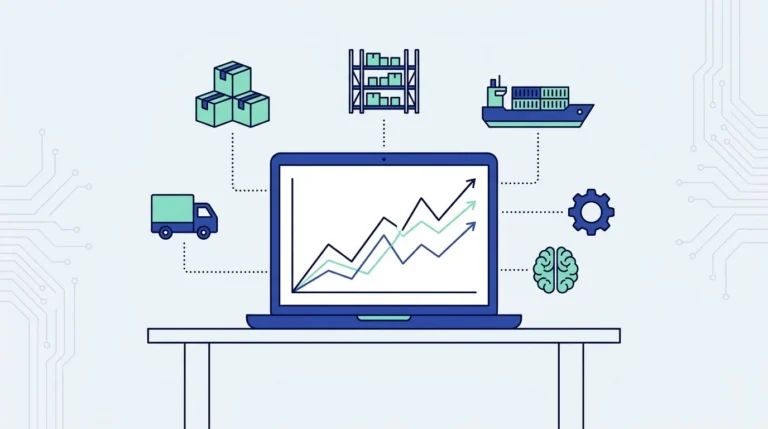 Flat illustration of a laptop showing a demand forecast chart, connected to icons for inventory boxes, warehouse shelving, a cargo ship, a delivery truck, a gear and a brain.