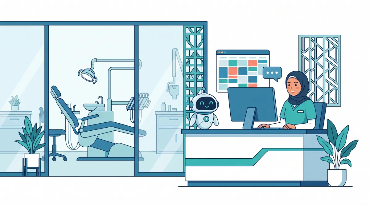 Ilustrasi admin klinik gigi mengatur kalender janji di komputer dibantu asisten AI, dengan kursi dental kosong di latar belakang