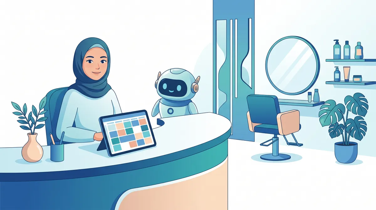 Ilustrasi resepsionis salon kecantikan berhijab mengatur jadwal di tablet dibantu asisten AI, dengan kursi salon dan cermin di latar