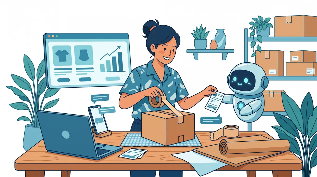 Ilustrasi pemilik toko online mengemas paket di meja kerja rumahan dengan laptop berisi kartu produk dan asisten AI di sampingnya