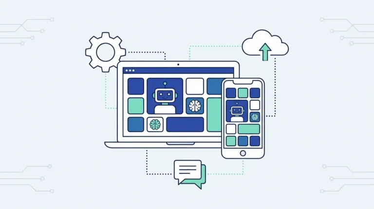 Ilustrasi datar laptop dan ponsel dengan grid ubin aplikasi, wajah robot kecil, ikon otak, roda gigi, awan dan gelembung chat.