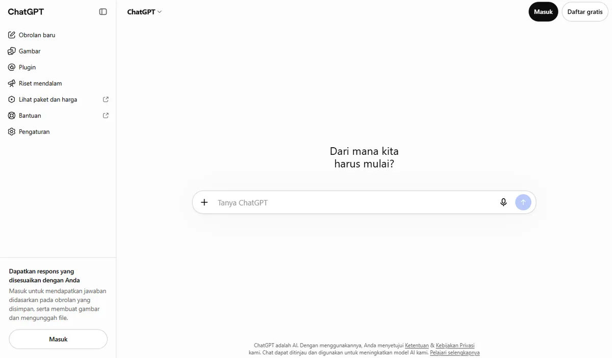 Tangkapan layar halaman ChatGPT di chatgpt.com dengan kolom Tanya ChatGPT, dalam keadaan belum login