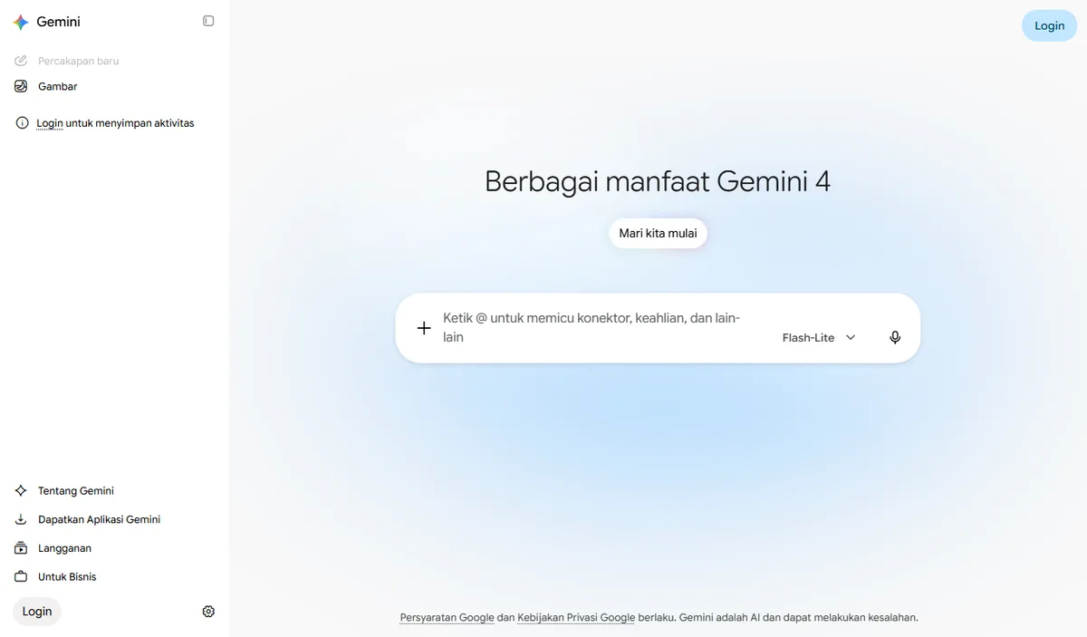 Tangkapan layar halaman Google Gemini di gemini.google.com dengan kolom ketik pertanyaan
