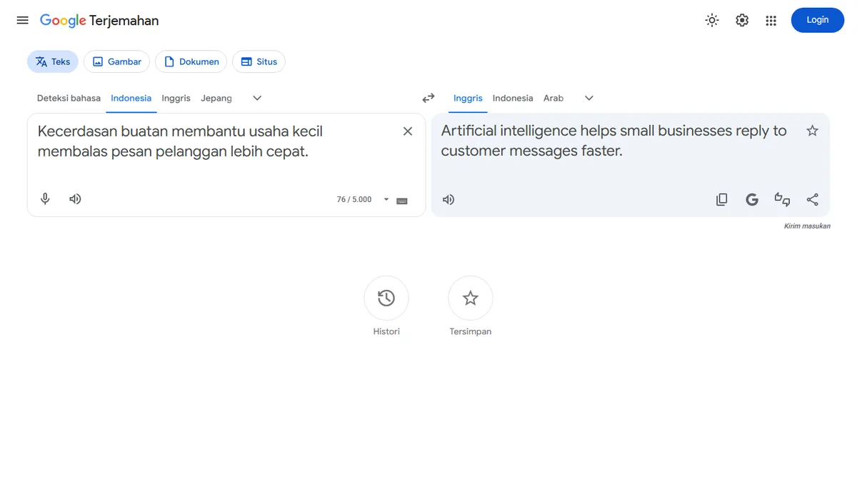 Tangkapan layar Google Terjemahan menerjemahkan kalimat bahasa Indonesia tentang kecerdasan buatan ke bahasa Inggris