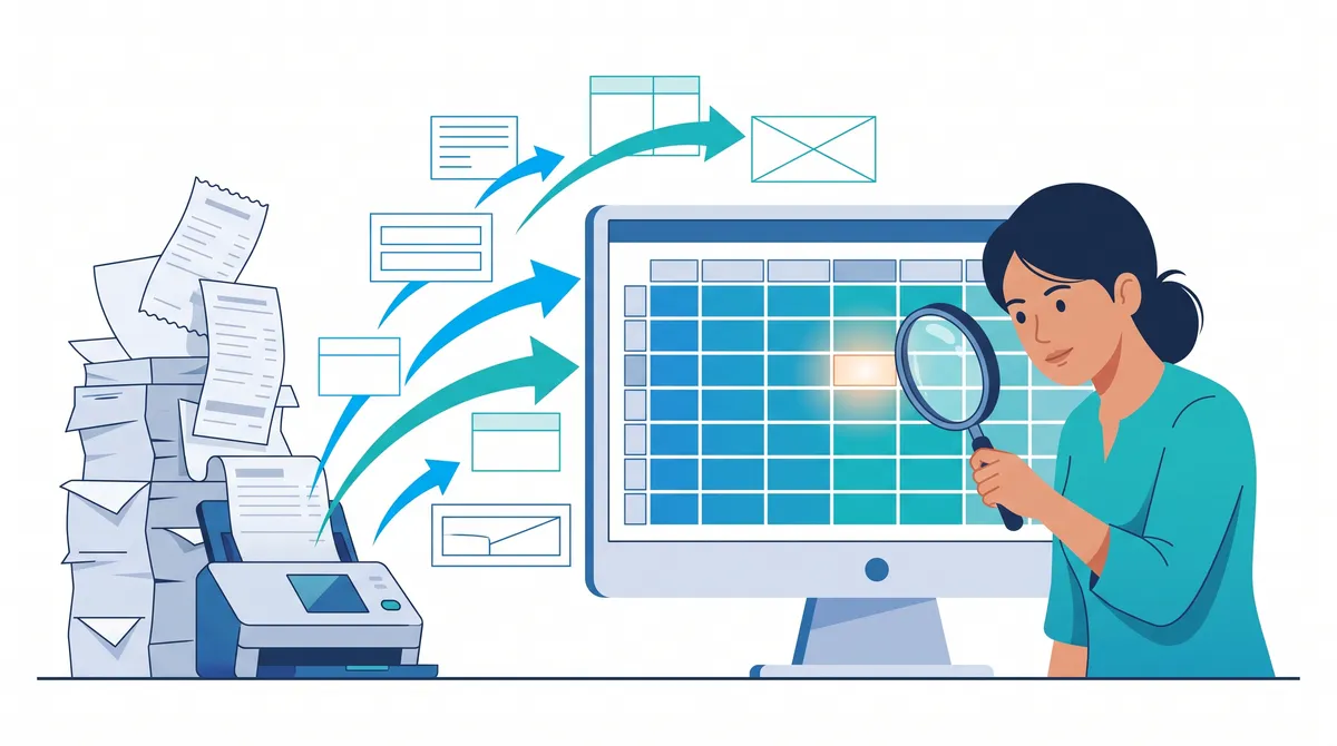 Ilustrasi tumpukan nota dan faktur dipindai lalu kolom datanya masuk ke spreadsheet, admin memeriksa satu sel dengan kaca pembesar