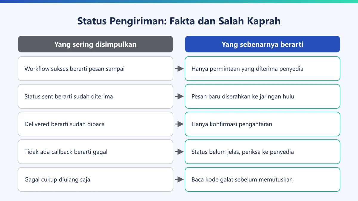 Diagram perbandingan salah kaprah status pengiriman notifikasi dengan arti sebenarnya