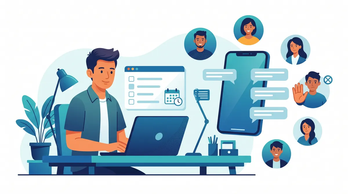 Ilustrasi pemilik usaha menjadwalkan broadcast dari laptop, pesan terkirim ke beberapa pelanggan secara terpisah, satu pelanggan menolak menerima