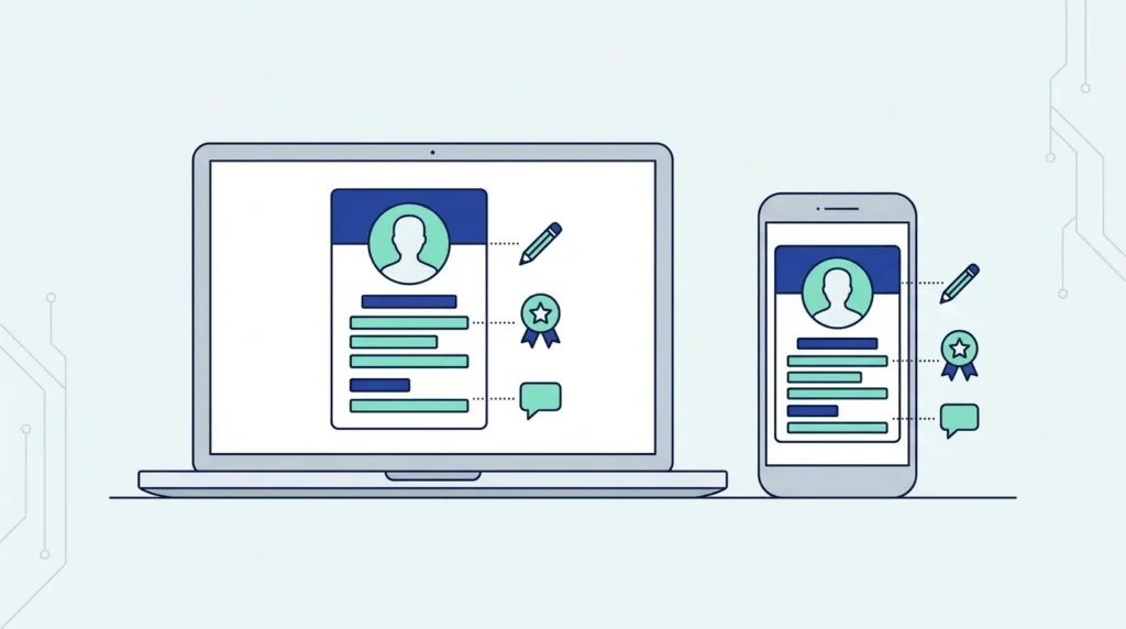 Ilustrasi datar laptop dan ponsel dengan kartu profil berisi siluet avatar, pensil, lencana bintang dan gelembung percakapan.
