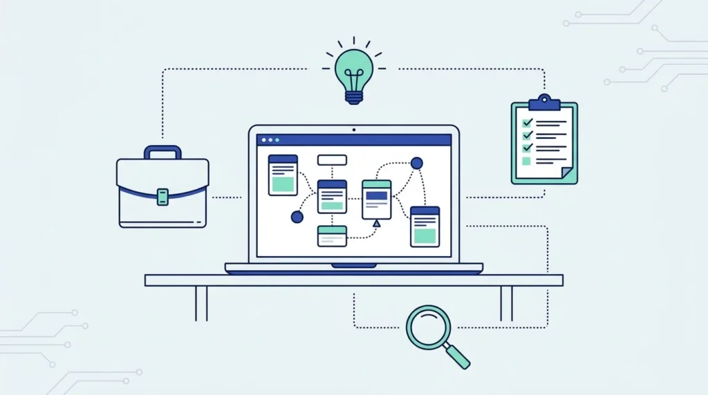 Ilustrasi datar laptop dengan papan strategi berisi kartu terhubung, tas kerja, bola lampu, checklist dan kaca pembesar.