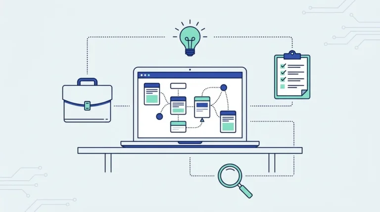 Ilustrasi datar laptop dengan papan strategi berisi kartu terhubung, tas kerja, bola lampu, checklist dan kaca pembesar.