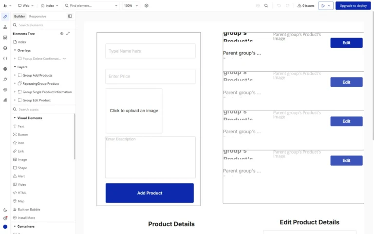 Editor Bubble di tab Design: panel Elements Tree dan daftar Visual Elements di kiri, kanvas berisi formulir Add Product dan Repeating Group daftar produk di tengah