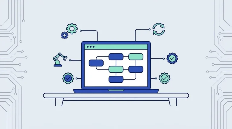 Flat illustration of a laptop showing a workflow chart, surrounded by gears, a robotic arm, refresh arrows and check mark badges.