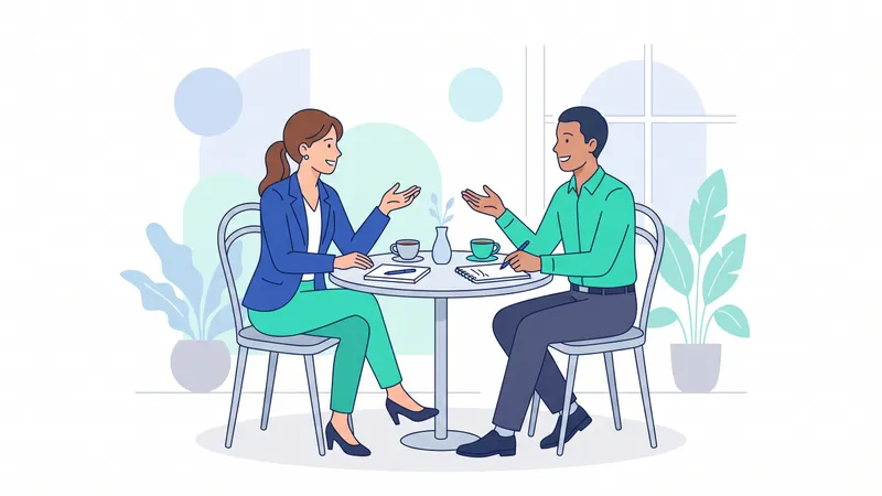 Dua profesional berdiskusi santai sambil minum kopi