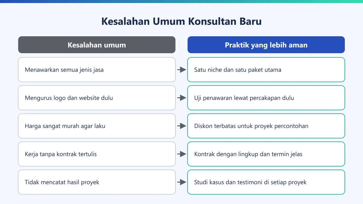 Diagram perbandingan kesalahan umum konsultan baru dan praktik yang lebih aman