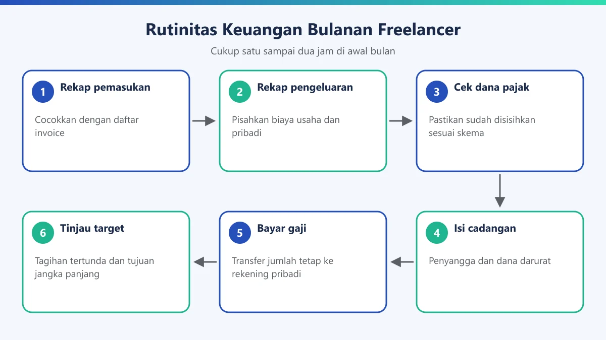 Diagram enam langkah rutinitas keuangan bulanan freelancer