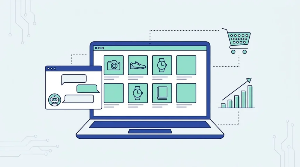 Ilustrasi datar laptop dengan halaman toko online, jendela chat berisi avatar robot, keranjang belanja dan grafik batang naik.