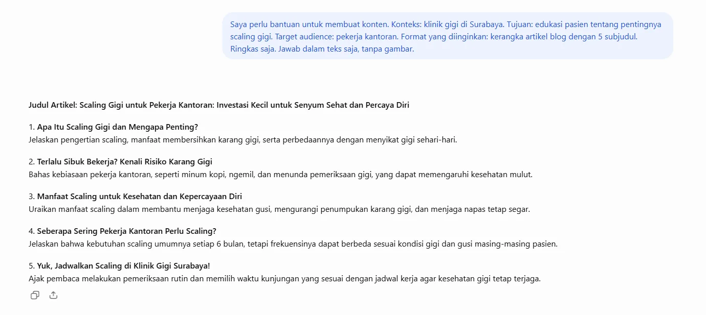 Contoh prompt kerangka artikel edukasi scaling gigi untuk klinik gigi di Surabaya dan jawaban ChatGPT berisi 5 subjudul