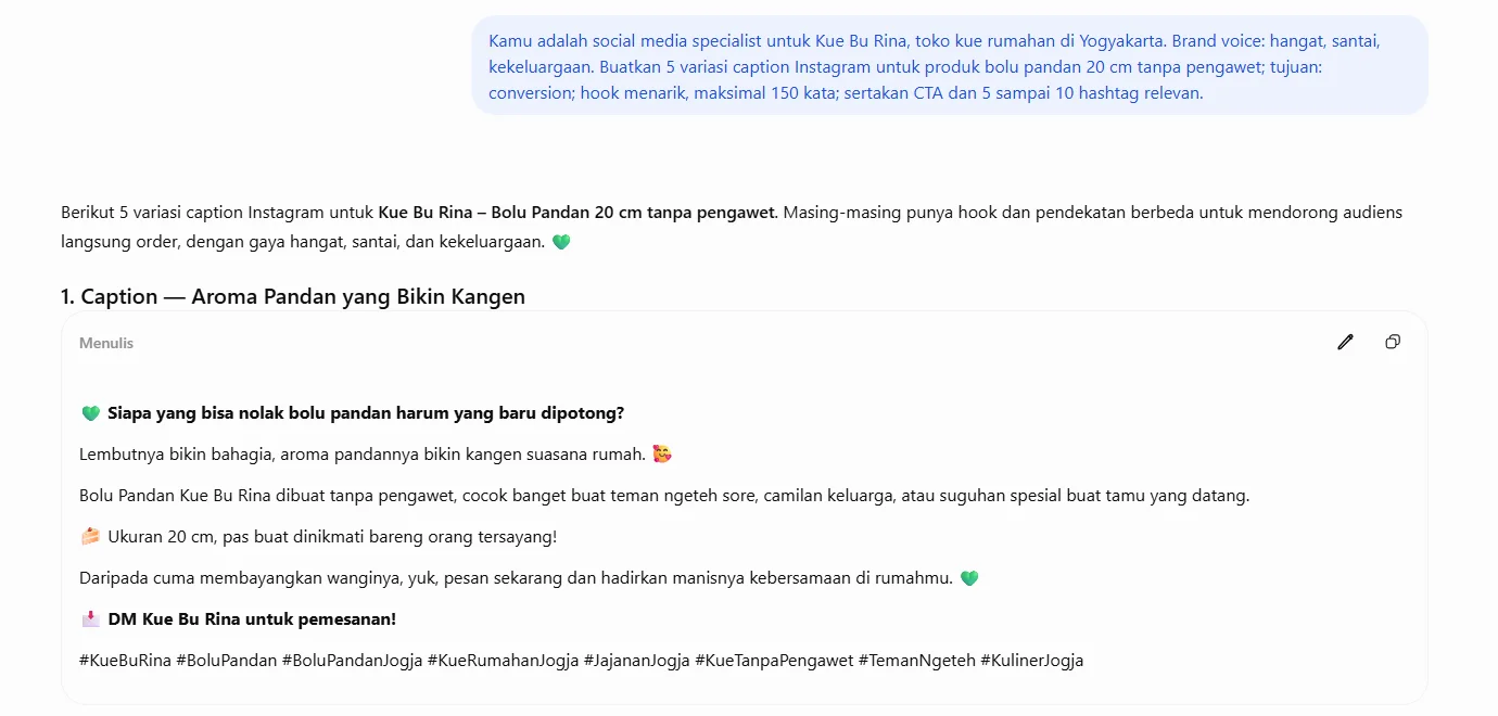 Template prompt caption Instagram yang diisi untuk toko kue rumahan di Yogyakarta beserta jawaban ChatGPT berisi variasi caption dan hashtag