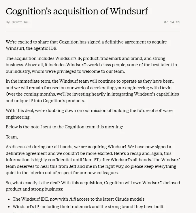 Blog Cognition berjudul Cognition acquisition of Windsurf bertanggal 14 Juli 2025