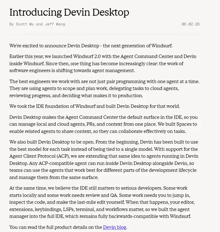 Blog Cognition berjudul Introducing Devin Desktop bertanggal 2 Juni 2026 yang menyebut Devin Desktop sebagai generasi berikutnya dari Windsurf