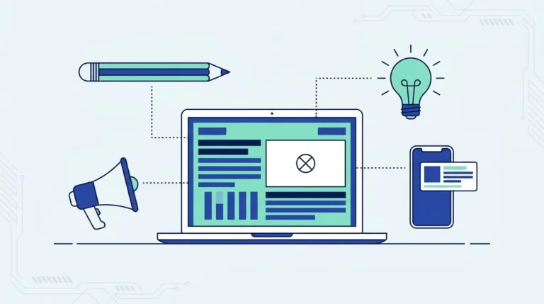 Ilustrasi datar laptop berisi tata letak iklan, dikelilingi pensil, megafon, bola lampu dan ponsel dengan kartu iklan.