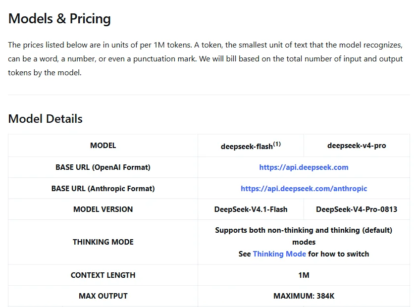 Halaman Models and Pricing di dokumentasi API DeepSeek dengan detail model deepseek-flash dan deepseek-v4-pro, base URL, dan panjang konteks