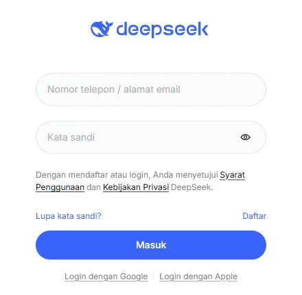 Halaman masuk chat.deepseek.com dengan kolom nomor telepon atau email, kata sandi, tautan Daftar, serta Login dengan Google dan Apple