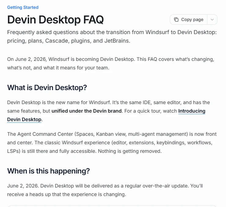 Halaman Devin Desktop FAQ yang menyatakan On June 2, 2026, Windsurf is becoming Devin Desktop dan Devin Desktop adalah nama baru untuk Windsurf