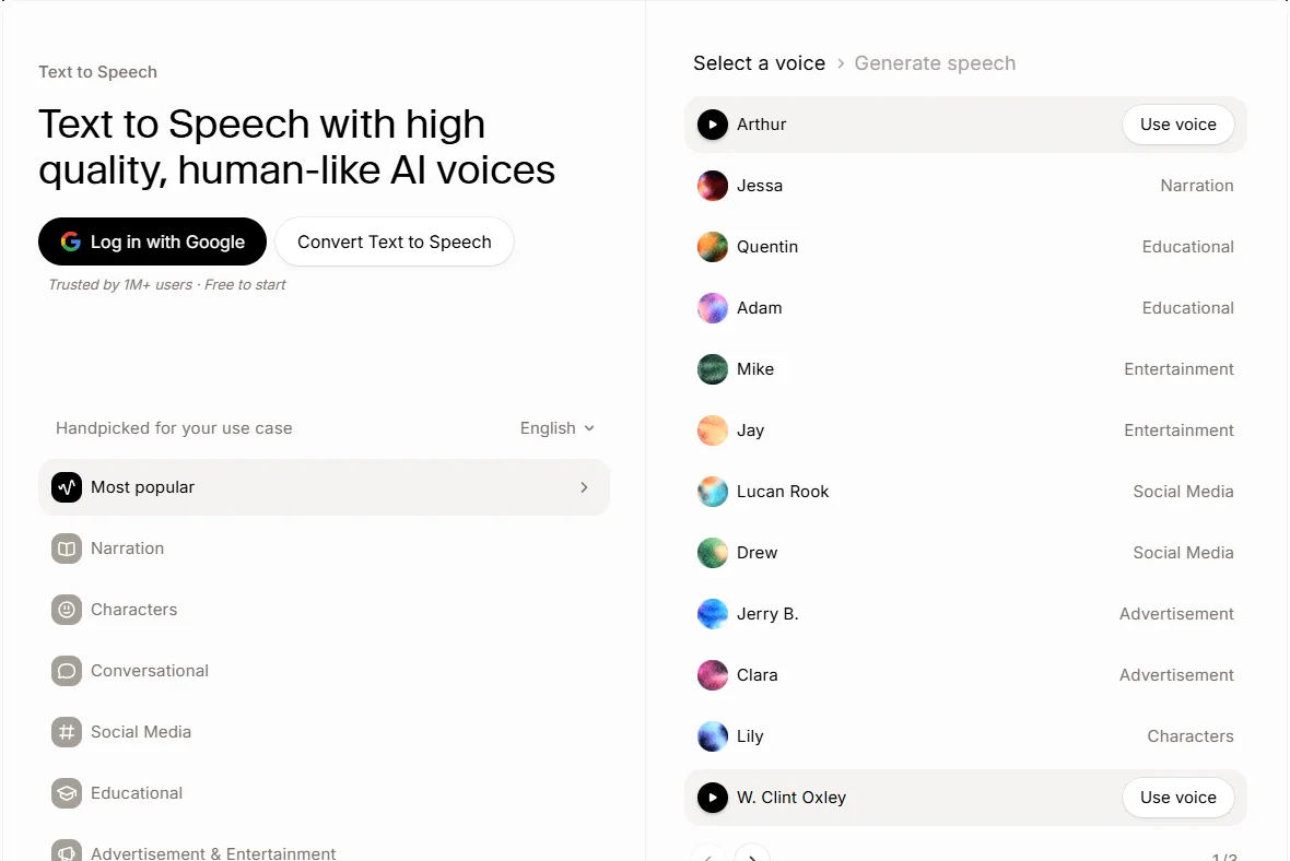 Halaman Text to Speech ElevenLabs dengan daftar suara seperti Narration, Educational, dan Social Media serta langkah Select a voice dan Generate speech