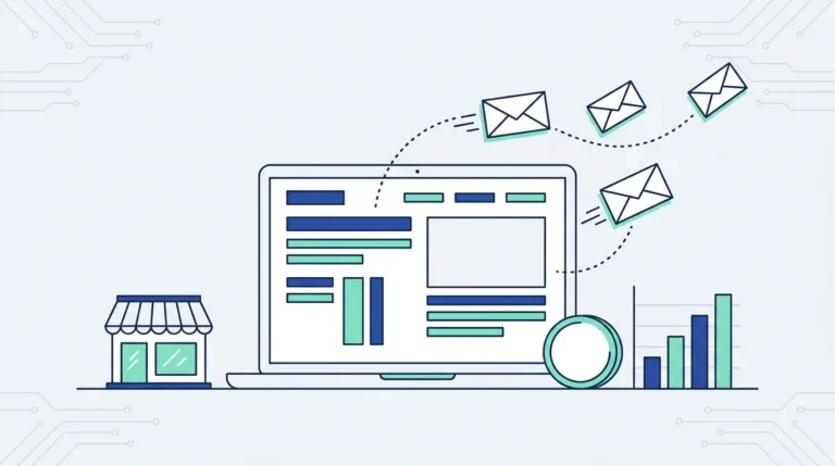Ilustrasi datar laptop dengan tata letak newsletter, amplop yang terbang di jalur titik-titik, toko kecil, koin dan grafik naik.