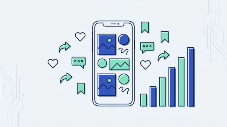 Ilustrasi datar ponsel dengan feed foto, ikon hati, komentar, bagikan, bookmark dan grafik batang naik.