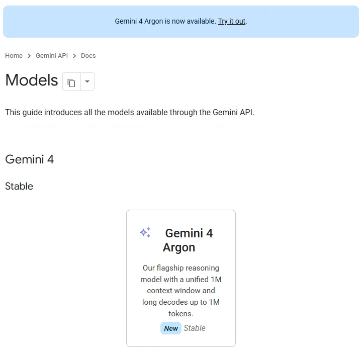 Dokumentasi Gemini API yang menampilkan kartu Gemini 4 Argon dengan jendela konteks terpadu 1 juta token