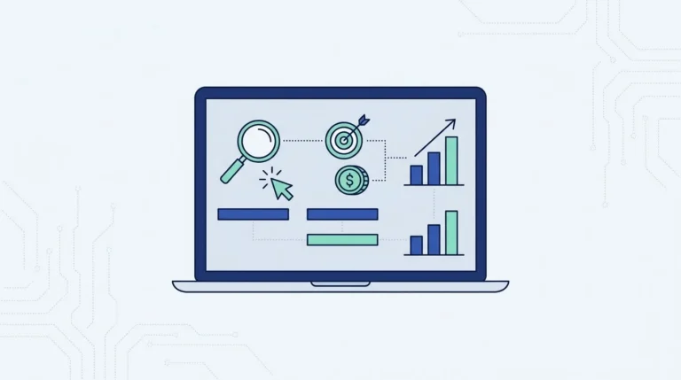Ilustrasi datar laptop dengan dasbor kampanye iklan pencarian, kaca pembesar, kursor yang mengklik, target, koin dan grafik batang naik.