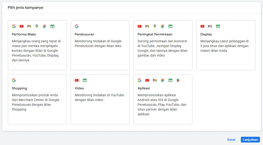 Pilihan jenis kampanye di Google Ads: Performa Maks, Penelusuran, Peningkat Permintaan, Display, Shopping, Video, dan Aplikasi