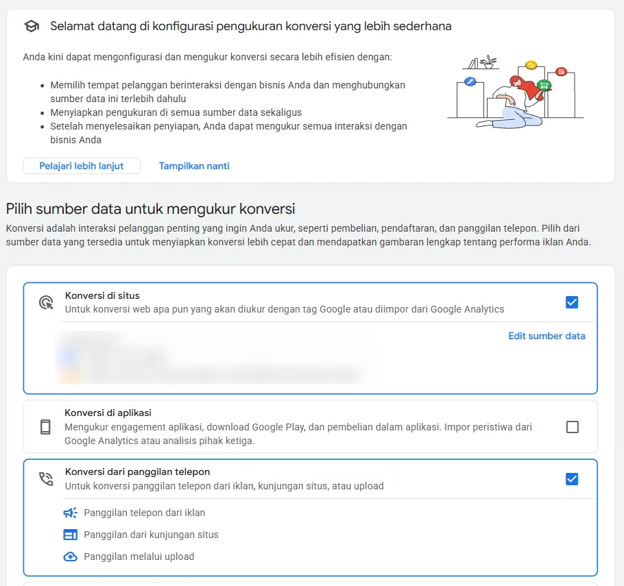 Halaman Pilih sumber data untuk mengukur konversi di Google Ads dengan opsi konversi di situs, aplikasi, dan panggilan telepon