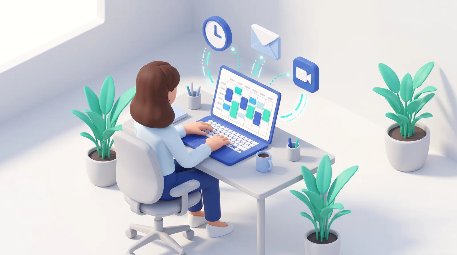 Ilustrasi 3D pemilik usaha memakai laptop berisi kalender mingguan dengan ikon jam, email, dan panggilan video yang terhubung